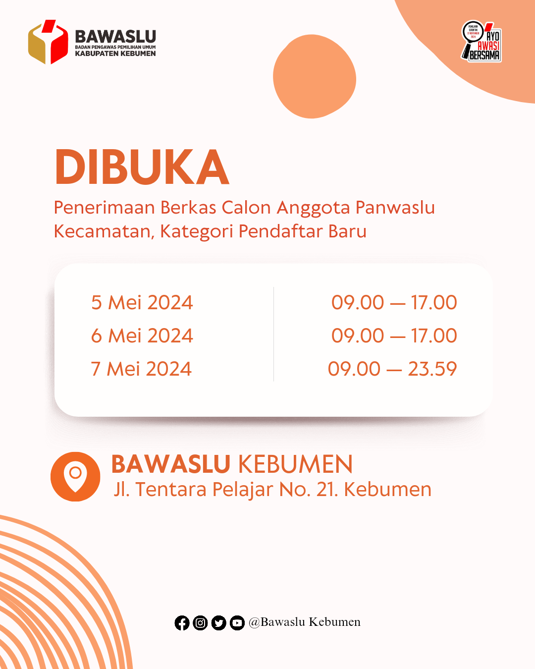 Resmi Dibuka, Pendaftaran Calon Anggota Panwaslu Kecamatan se-Kabupaten Kebumen